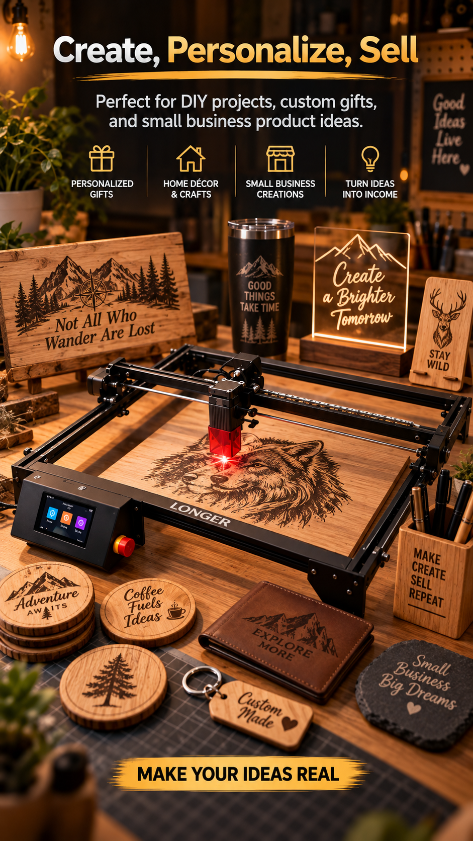 longer ray5 20w laser engraver high-power laser cutter machine 0-01mm-precision 24000mm min speed color metal engraving wood acrylic glass leather 3-5-touchscreen app-offline 400x3